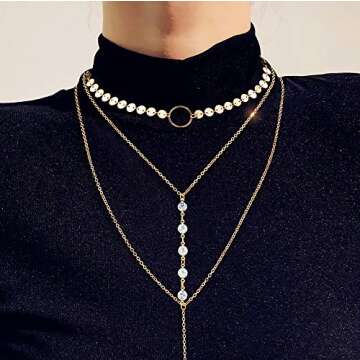 Suyi Stylish Layered Sequins Choker Necklace with Thin Long Chain Pendant for Women Lady (Crystal Gold)