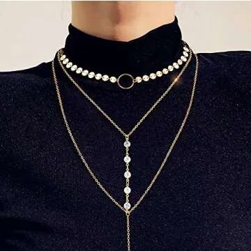 Suyi Stylish Layered Sequins Choker Necklace with Thin Long Chain Pendant for Women Lady (Crystal Gold)