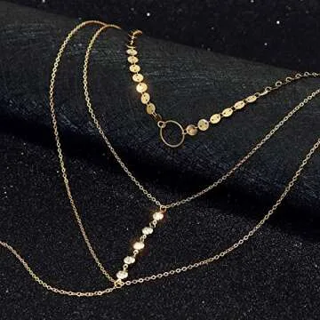 Suyi Stylish Layered Sequins Choker Necklace with Thin Long Chain Pendant for Women Lady (Crystal Gold)