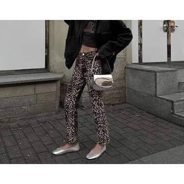 XPONNI Animal Print Y2k Pants Leopard Print Womens Slim-fit Pants 2000s Mcbling Grunge Clothes (Leopard Print,S,Small)