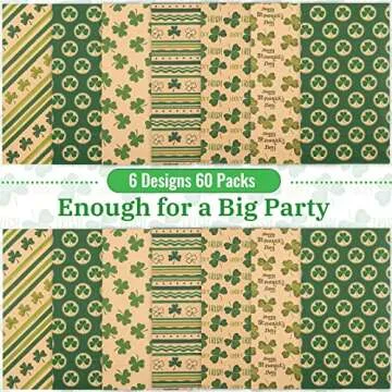 Whaline 60 Pack St. Patrick's Day Paper Gift Bags Kraft Shamrock Candy Treat Bags 6 Design Rustic Irish Flat Party Favor Bag Goodie Present Bag for Party Snack Cookie Craft Gift Wrapping Supplies