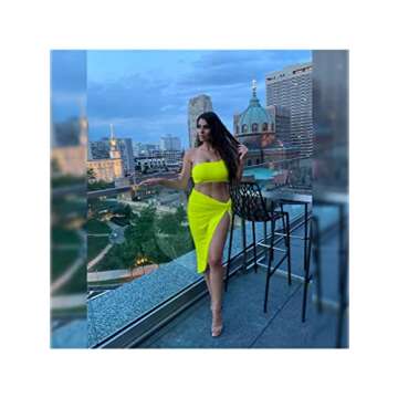 BEAGIMEG Women's Sexy One Shoulder Long Bodycon Slit Skirt 2 Pieces Dress Fluogreen