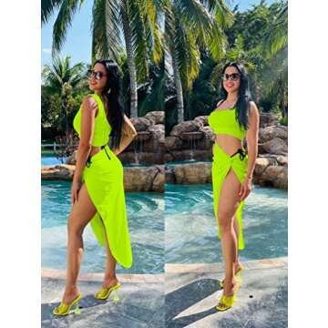 BEAGIMEG Women's Sexy One Shoulder Long Bodycon Slit Skirt 2 Pieces Dress Fluogreen