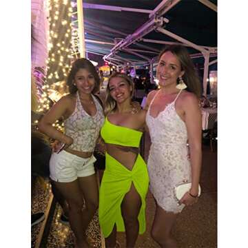 BEAGIMEG Women's Sexy One Shoulder Long Bodycon Slit Skirt 2 Pieces Dress Fluogreen