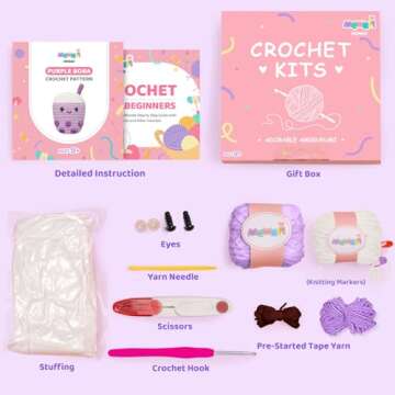Mewaii Crochet Kit for Beginners Level 1 with 40% Extra Eco-Friendly Pre-Started Easy Yarn, Step-by-Step Video Tutorials for Adults and Kids (Purple Boba)