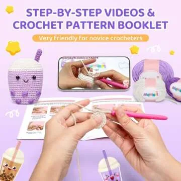 Mewaii Crochet Kit for Beginners Level 1 with 40% Extra Eco-Friendly Pre-Started Easy Yarn, Step-by-Step Video Tutorials for Adults and Kids (Purple Boba)