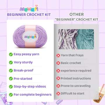 Mewaii Crochet Kit for Beginners Level 1 with 40% Extra Eco-Friendly Pre-Started Easy Yarn, Step-by-Step Video Tutorials for Adults and Kids (Purple Boba)