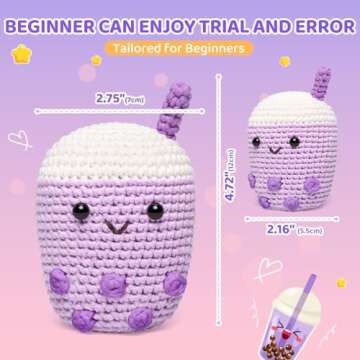 Mewaii Crochet Kit for Beginners Level 1 with 40% Extra Eco-Friendly Pre-Started Easy Yarn, Step-by-Step Video Tutorials for Adults and Kids (Purple Boba)