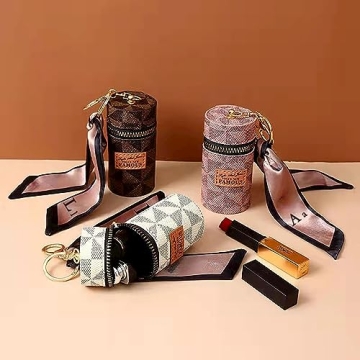 Luxury Leather Lipstick Organizer with Keychain - Travel Essential