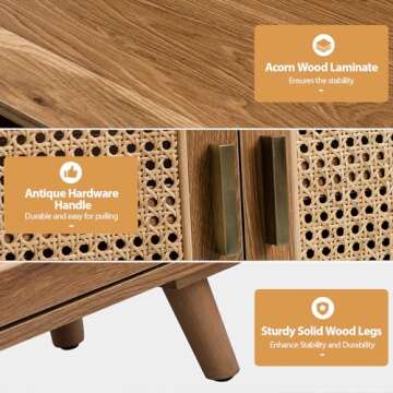 HULALA HOME Accent Storage Cabinet with 3 Natural Rattan Doors & Wood Legs, 2-Tier Shelf Sideboard Buffet Cabinet, Cupboard Console Table for Living Room, Entryway, Dining Room, Hallway (Walnut)