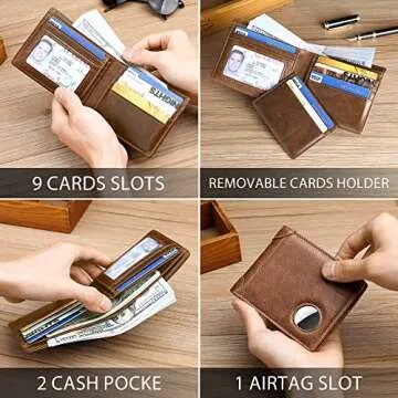 Swallowmall AirTag Wallet Men RFID Blocking Genuine Leather Bifold Mens Wallet For AirTag 1 ID Window 12 Card Holders Gift Box (Airtag Not included) (Removable Card Slot, CoffeeBrown)