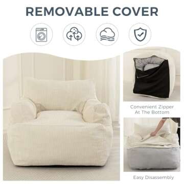 MAXYOYO Giant Bean Bag Sofa - Stuffed Accent Chair with Pocket for Adults, Big Lazy Floor Chair for Gaming, Reading, Beige