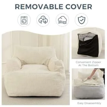 MAXYOYO Giant Bean Bag Sofa - Stuffed Accent Chair with Pocket for Adults, Big Lazy Floor Chair for Gaming, Reading, Beige