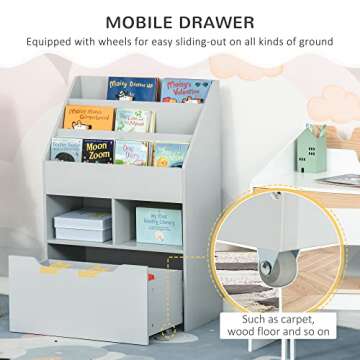 HOMCOM Kids Bookcase Multi-Shelf Rack Organizer with Storage Drawer for Books, Playroom, Gray