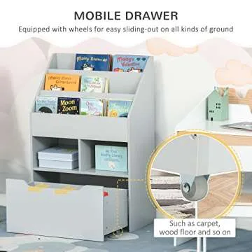 HOMCOM Kids Bookcase Multi-Shelf Rack Organizer with Storage Drawer for Books, Playroom, Gray