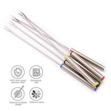 Set of 12 Stainless Steel Fondue Forks 9.5", Color Coded Cheese Fondue Forks Smores Sticks with Heat...