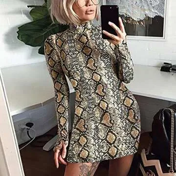 LYKSAW Queen.M Women's Sexy Bodycon Dress Knitting Casual Club Party Slim Short Mini Dress (Snake Skin Print, S)