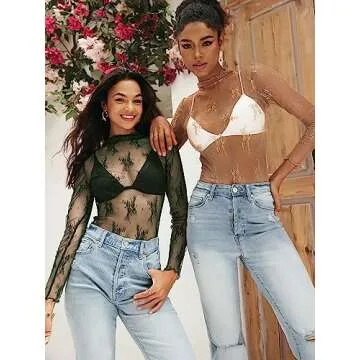 MEROKEETY 2024 Womens Mesh Sheer Long Sleeve Layering Top Sexy Y2k Mock Neck Floral Lace See Through...