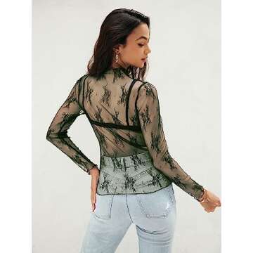 MEROKEETY 2024 Womens Mesh Sheer Long Sleeve Layering Top Sexy Y2k Mock Neck Floral Lace See Through Shirt Blouses Green Small