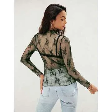 MEROKEETY 2024 Womens Mesh Sheer Long Sleeve Layering Top Sexy Y2k Mock Neck Floral Lace See Through Shirt Blouses Green Small