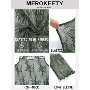 MEROKEETY 2024 Womens Mesh Sheer Long Sleeve Layering Top Sexy Y2k Mock Neck Floral Lace See Through Shirt Blouses Green Small