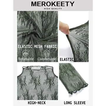 MEROKEETY 2024 Womens Mesh Sheer Long Sleeve Layering Top Sexy Y2k Mock Neck Floral Lace See Through Shirt Blouses Green Small