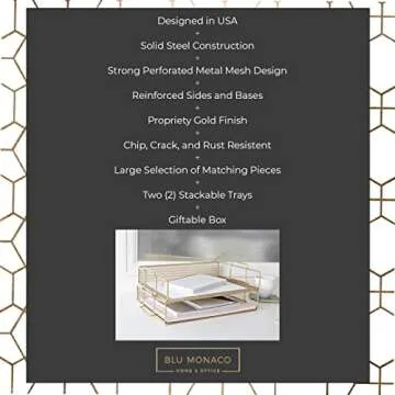 Blu Monaco File Desk Organizer - 2-Tier Gold Paper Tray - Document and Letter Tray Desk Organizer - Elegant Gold Inbox for Office Accessories