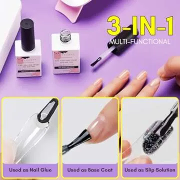 Makartt Nail Glue for Acrylic Nails UV Gel Curing Needed 3 in 1 Super Strong Brush on Nails Glue for Press on Nails Soak Off for Gel Nail Tips Nail Adhesive Bond Nail Base Coat Slip Solution 15ML 2pcs