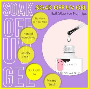 Makartt Nail Glue for Acrylic Nails UV Gel Curing Needed 3 in 1 Super Strong Brush on Nails Glue for Press on Nails Soak Off for Gel Nail Tips Nail Adhesive Bond Nail Base Coat Slip Solution 15ML 2pcs