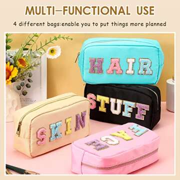 Remerry 4 Pcs Makeup Bags Travel Cosmetic Bags Organization Chenille Letter Toiletries Stuff Pouch P...