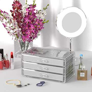 Acrylic Jewelry Box with 3 Drawers,Velvet Jewellery Organizer Small Clear Jewelry Organizer, Earring Rings Bangle Bracelet Necklace Storage for Women, Girls