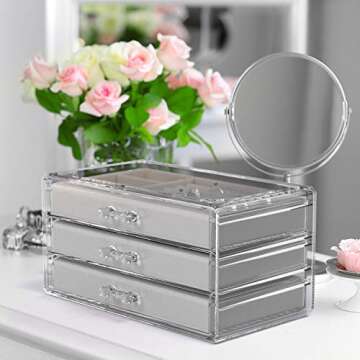 Acrylic Jewelry Box with 3 Drawers,Velvet Jewellery Organizer Small Clear Jewelry Organizer, Earring Rings Bangle Bracelet Necklace Storage for Women, Girls