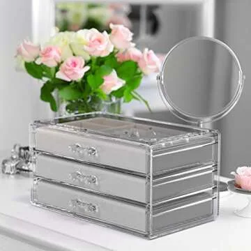 Acrylic Jewelry Box with 3 Drawers,Velvet Jewellery Organizer Small Clear Jewelry Organizer, Earring Rings Bangle Bracelet Necklace Storage for Women, Girls