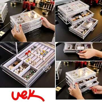 Acrylic Jewelry Box with 3 Drawers,Velvet Jewellery Organizer Small Clear Jewelry Organizer, Earring Rings Bangle Bracelet Necklace Storage for Women, Girls
