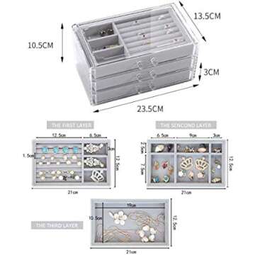 Acrylic Jewelry Box with 3 Drawers,Velvet Jewellery Organizer Small Clear Jewelry Organizer, Earring Rings Bangle Bracelet Necklace Storage for Women, Girls