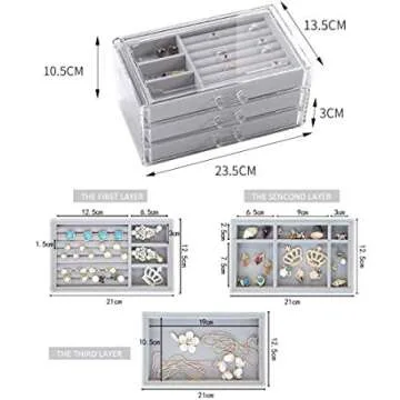 Acrylic Jewelry Box with 3 Drawers,Velvet Jewellery Organizer Small Clear Jewelry Organizer, Earring Rings Bangle Bracelet Necklace Storage for Women, Girls