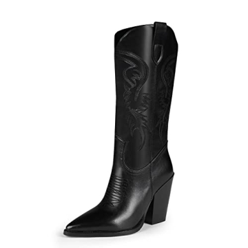 ISNOM Black Cowboy Boots for Women Cowgirl Boots for Women Western Boots Women Knee High Cowboy Boots for Women Knee High Western Boots for Women Tall Cowboy Boots Women Wide Calf Cowboy Boots