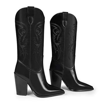 ISNOM Black Cowboy Boots for Women Cowgirl Boots for Women Western Boots Women Knee High Cowboy Boots for Women Knee High Western Boots for Women Tall Cowboy Boots Women Wide Calf Cowboy Boots