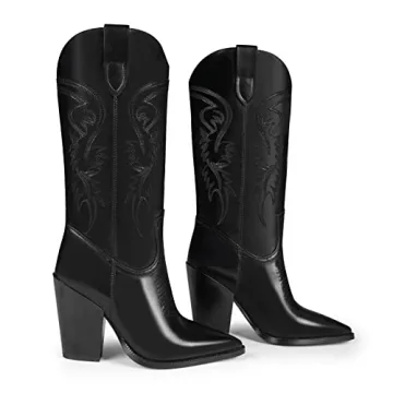 ISNOM Black Cowboy Boots for Women Cowgirl Boots for Women Western Boots Women Knee High Cowboy Boots for Women Knee High Western Boots for Women Tall Cowboy Boots Women Wide Calf Cowboy Boots