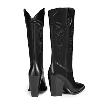 ISNOM Black Cowboy Boots for Women Cowgirl Boots for Women Western Boots Women Knee High Cowboy Boots for Women Knee High Western Boots for Women Tall Cowboy Boots Women Wide Calf Cowboy Boots