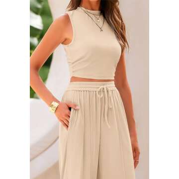 PRETTYGARDEN Women's Summer 2 Piece Outfits Ribbed Knit Lounge Sets Tracksuit Sleeveless Crop Tank Tops Wide Leg Casual Pants