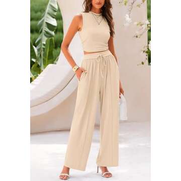 PRETTYGARDEN Women's Summer 2 Piece Outfits Ribbed Knit Lounge Sets Tracksuit Sleeveless Crop Tank Tops Wide Leg Casual Pants
