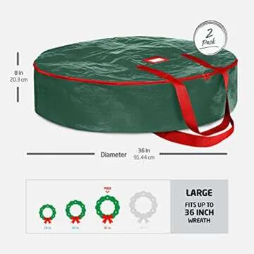ZOBER Christmas Wreath Storage Container - 36 Inch, Waterproof Plastic Wreath Storage Bag - Dual Zippered Wreath Bag - Durable Stitch Reinforced Handles - Wreath Christmas Storage - 2 Pack