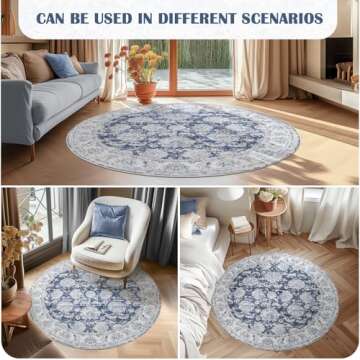 jinchan Round Rug 5ft Area Rug - Indoor Vintage Hallway Circle 5' Washable Thin - Floral Print Non Slip with Rubber Backing for Living Room Dining Room Bedroom Entryway Dark Blue