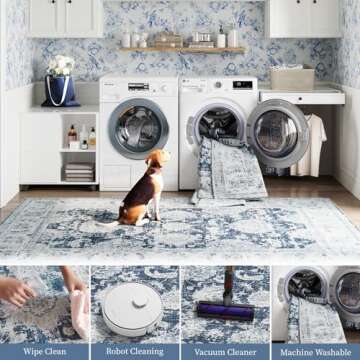 jinchan Round Rug 5ft Area Rug - Indoor Vintage Hallway Circle 5' Washable Thin - Floral Print Non Slip with Rubber Backing for Living Room Dining Room Bedroom Entryway Dark Blue