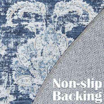 jinchan Round Rug 5ft Area Rug - Indoor Vintage Hallway Circle 5' Washable Thin - Floral Print Non Slip with Rubber Backing for Living Room Dining Room Bedroom Entryway Dark Blue