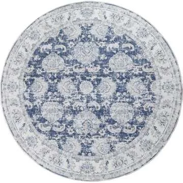 jinchan Round Rug 5ft Area Rug - Indoor Vintage Hallway Circle 5' Washable Thin - Floral Print Non Slip with Rubber Backing for Living Room Dining Room Bedroom Entryway Dark Blue