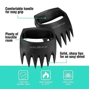 HAUSHOF Meat Shredder Claws, Meat Claws for Shredding, Bear Claws for Shredding Meat - Grill Tools & Smoking Accessories for BBQ, Ultra-Sharp, Easily Lift & Hold Chicken, Pork, Great Gift