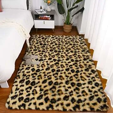 Amearea Fluffy Leopard Rug, Premium Cheetah Print Rugs, Soft Comfy Faux Fur Animal Print Carpet for Kids Room Bedroom, Living Room, Shaggy Teen Room Home Decor, Khaki 5x8 Feet