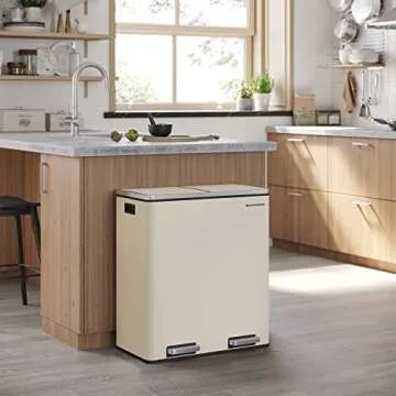 SONGMICS Trash Can, 2 x 8 Gallon (2 x 30 L) Garbage Can for Kitchen, with 15 Trash Bags, 2 Compartments, Plastic Inner Buckets and Hinged Lids, Airtight, Almond Color ULTB201A01